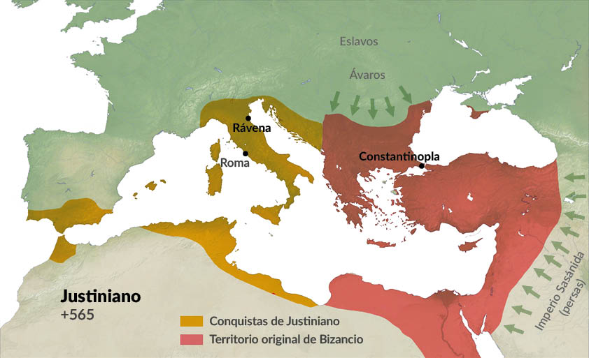 El imperio bizantino con Justiniano (año 565)